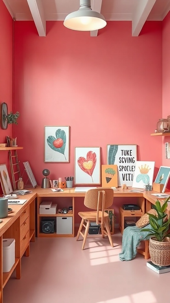 Artistic pink room with wooden furniture and colorful wall art