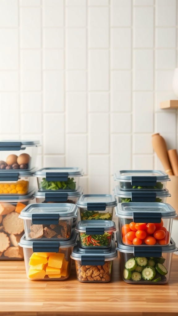 A variety of food storage containers neatly arranged on a kitchen counter, displaying a range of sizes and contents.