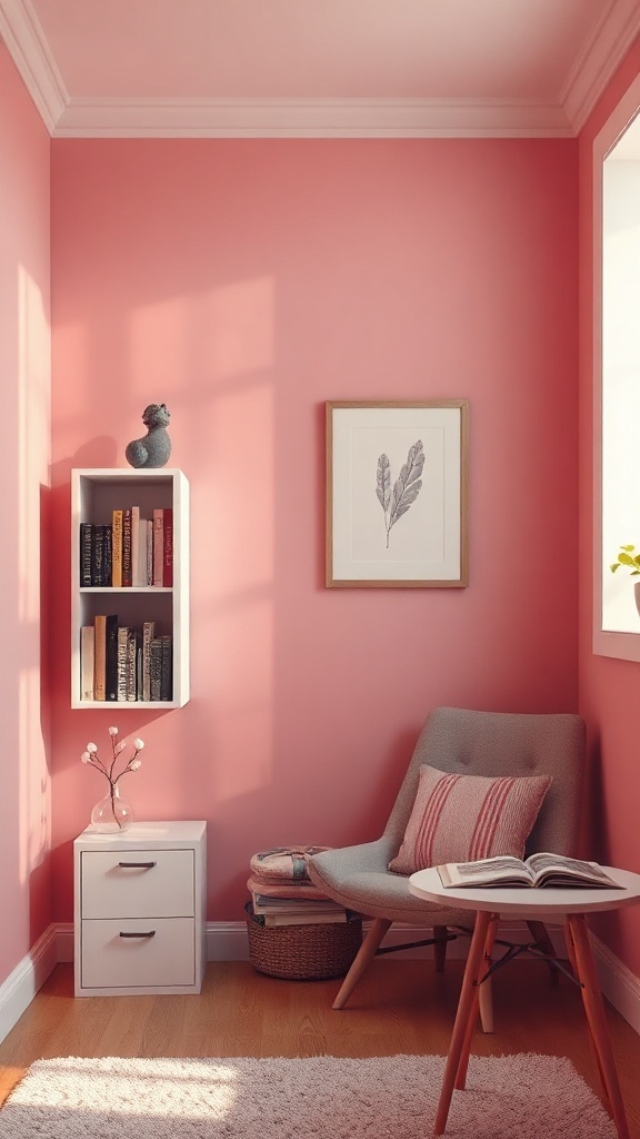 Cozy reading nook in a pink room with a chair, bookshelves, and a small table.