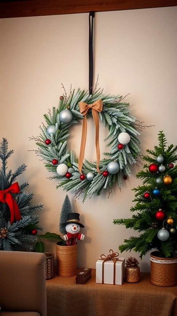 Decorative winter wreath with ornaments and snowman