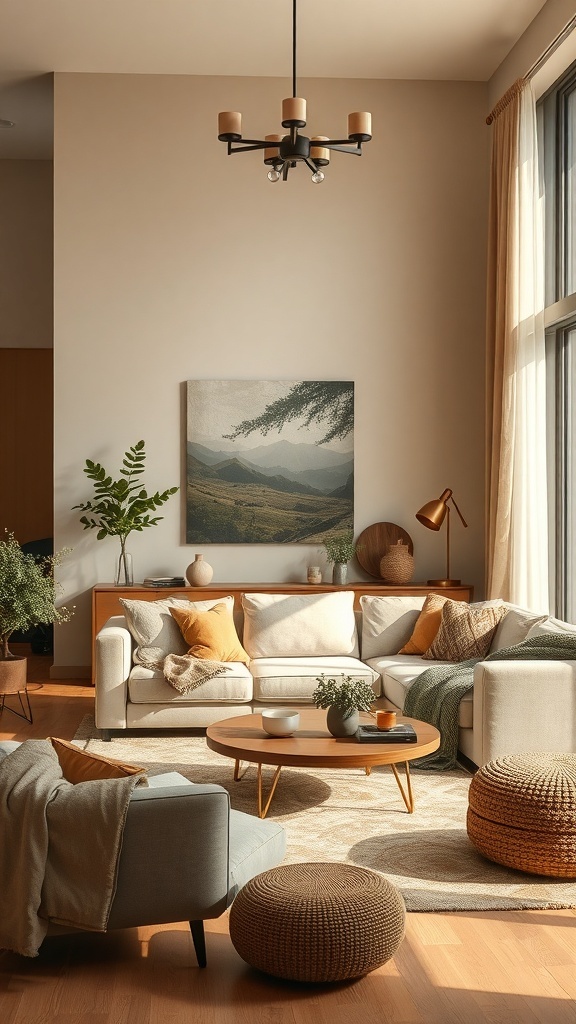 Cozy living room with earthy color palette featuring beige, brown, and muted greens, decorated with plants and warm lighting.