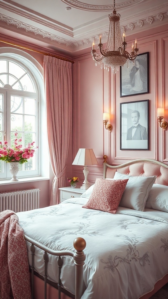Elegant pink bedroom with arched window, chandelier, and floral arrangement.