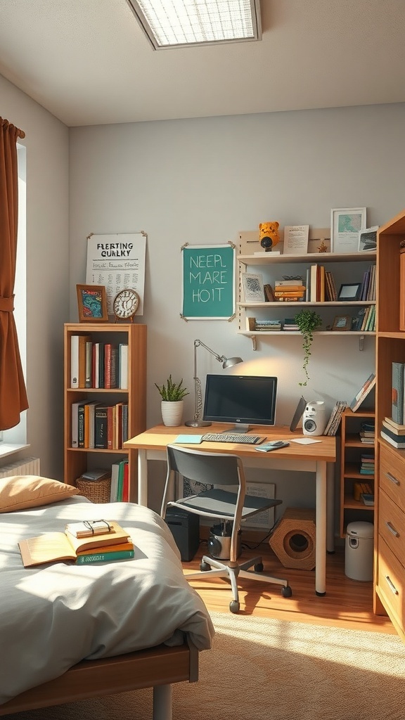 Cozy and organized dorm room study area with desk, computer, and bookshelves