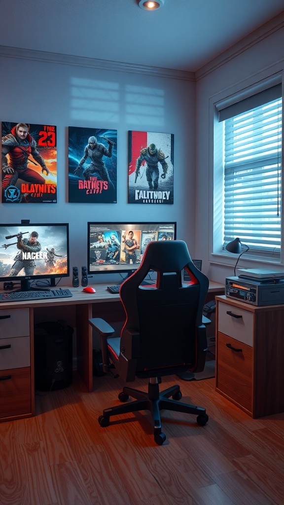 A gaming setup in a dorm room featuring dual monitors, a gaming chair, and game posters on the wall.