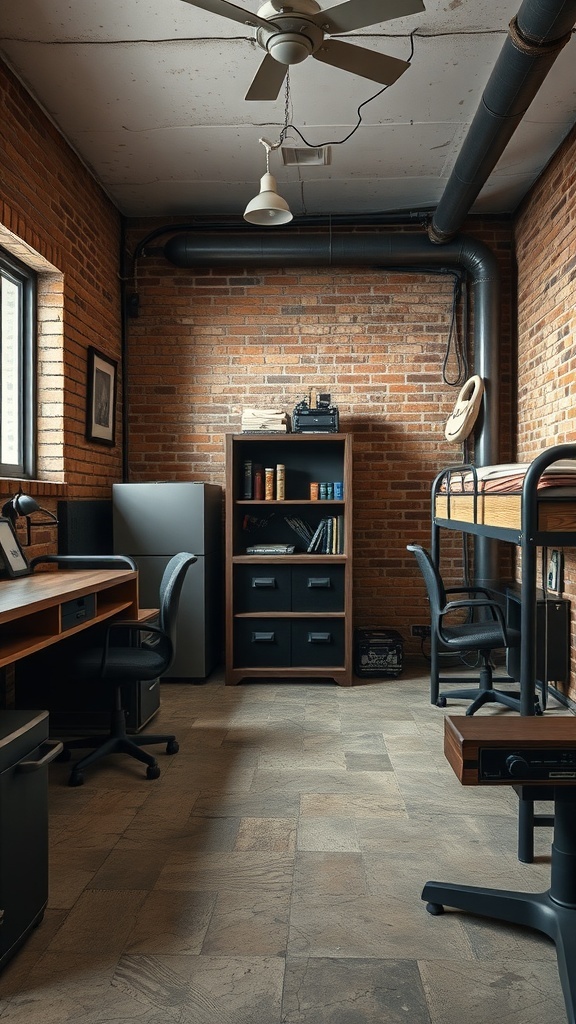Dorm room with industrial chic design featuring metal accents, brick walls, and modern furnishings.