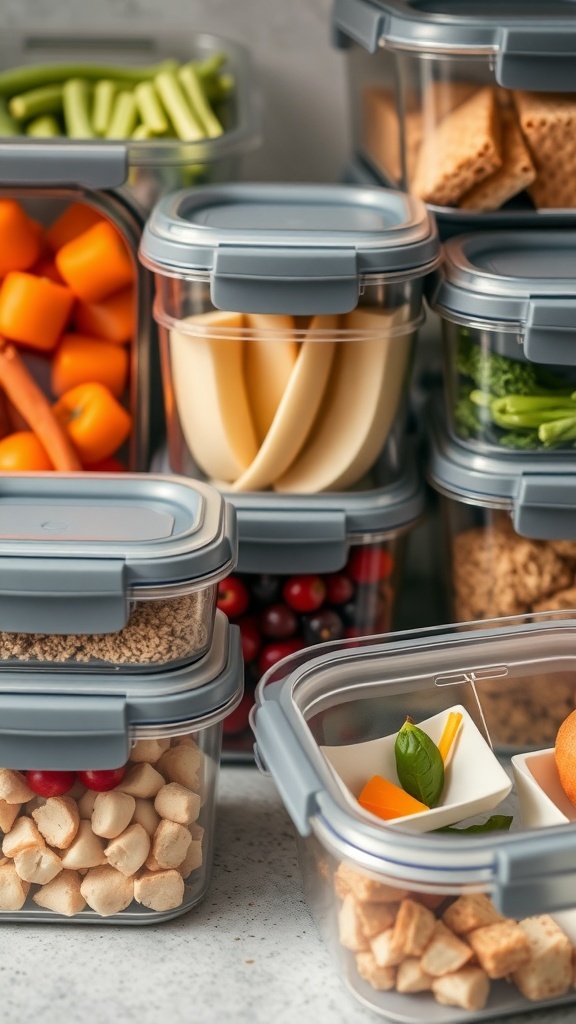 Various modern food storage containers filled with colorful ingredients like fruits and vegetables