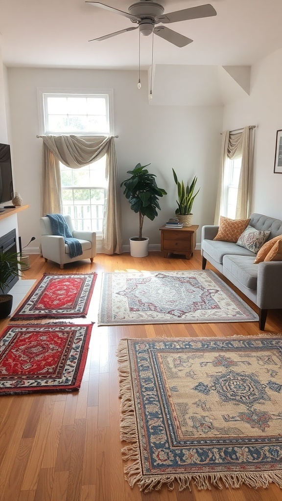 A cozy living room with layered rugs, featuring a mix of colors and patterns, adding warmth and style.