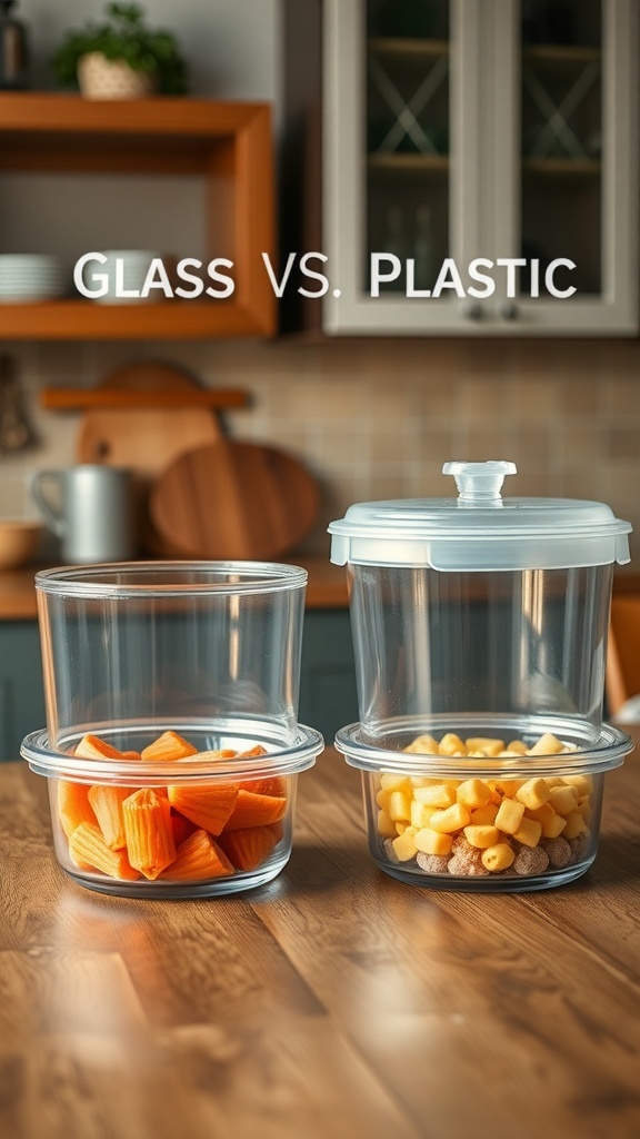 Comparison of glass and plastic food storage containers filled with food