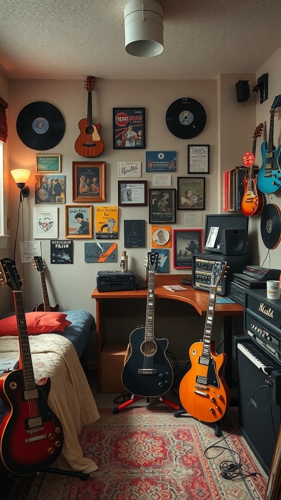 Cozy dorm room setup featuring guitars, vinyl records, and music decor