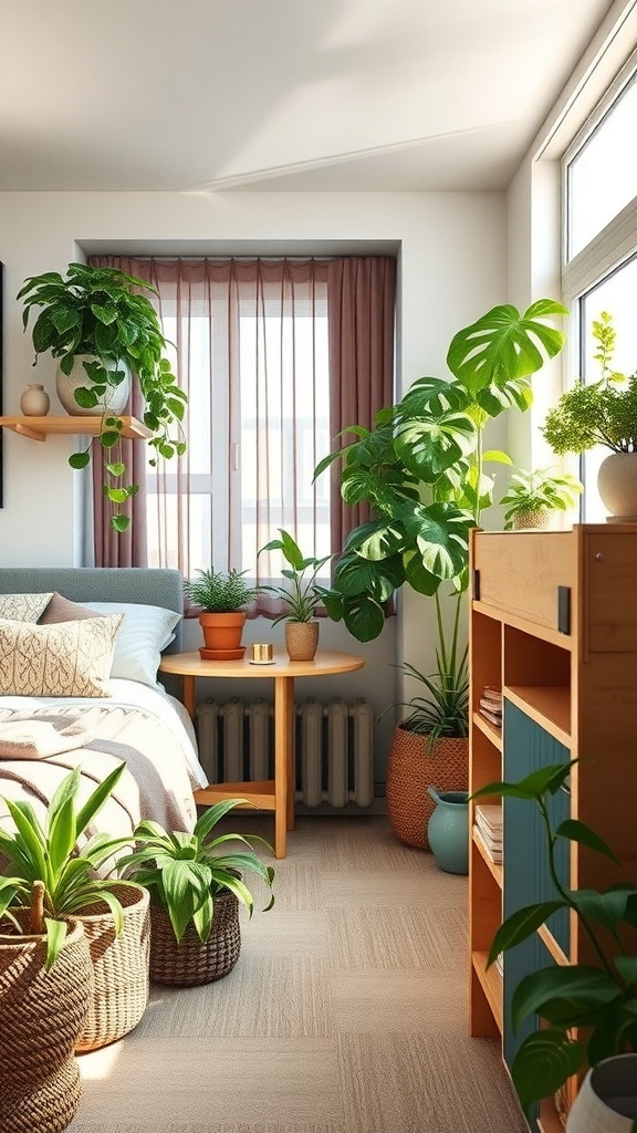A nature-inspired dorm room with various plants, cozy bedding, and wooden furniture