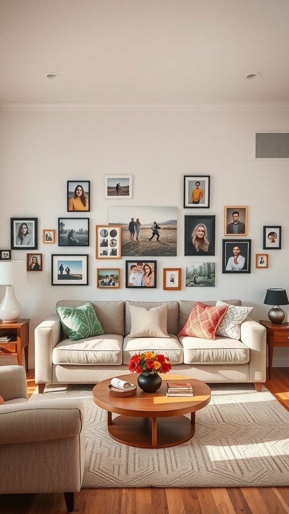 A cozy living room featuring a wall adorned with family photos, a comfy sofa, and a coffee table with flowers.
