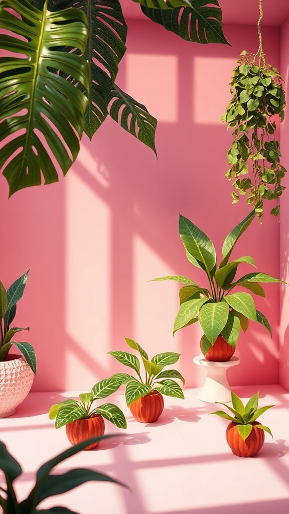 A bright pink room with various green plants, showcasing a harmonious blend of pink and green decor.