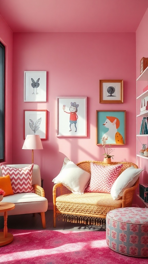 A vibrant pink room featuring playful patterns and eclectic artwork.
