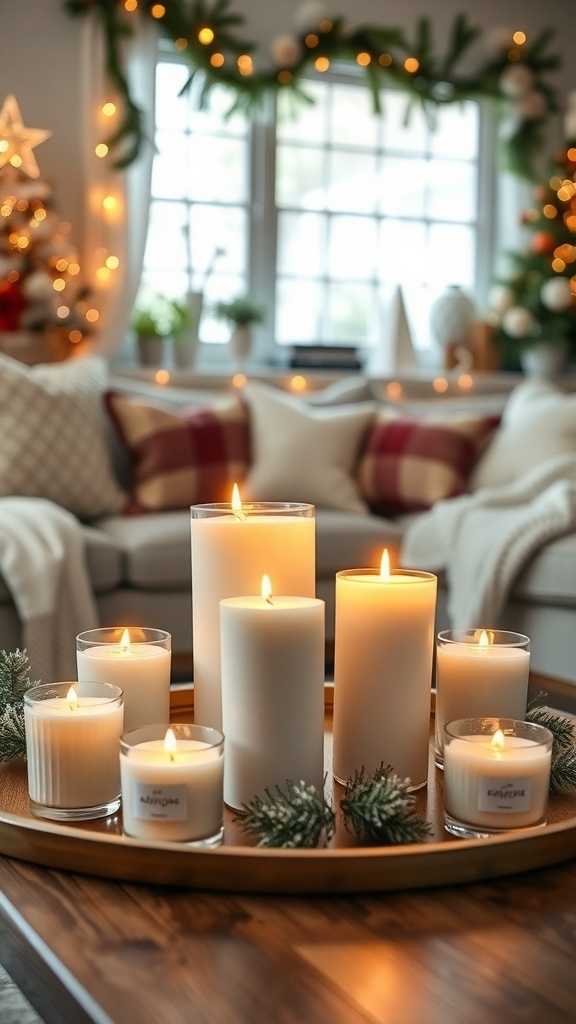A cozy winter living room decorated with candles and festive accents.