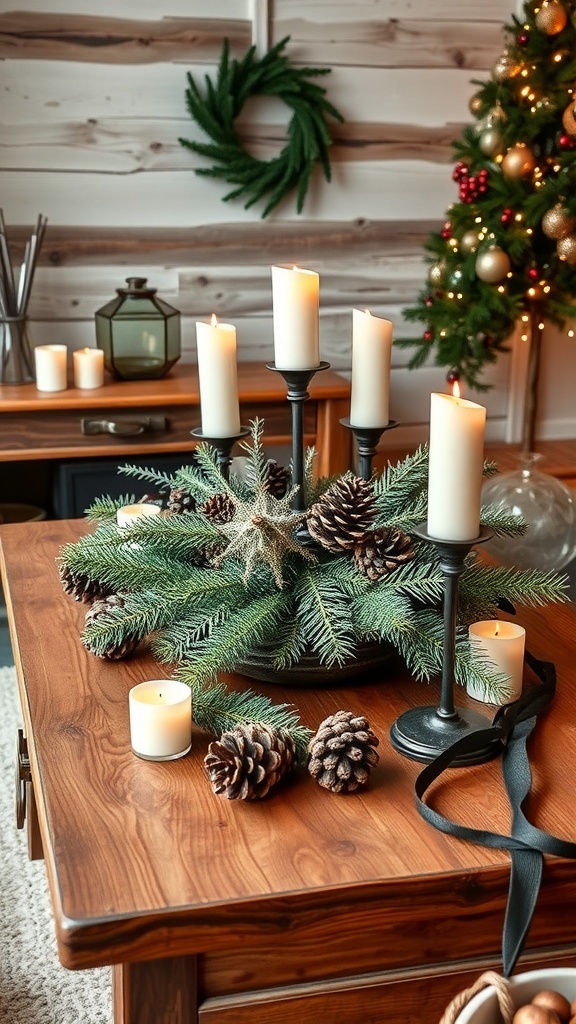 A festive winter living room centerpiece featuring evergreen branches, candles, pinecones, and a warm wooden table setting.