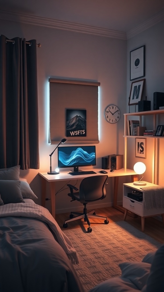 A stylish tech-oriented dorm room setup featuring a modern desk, computer, and ambient lighting.