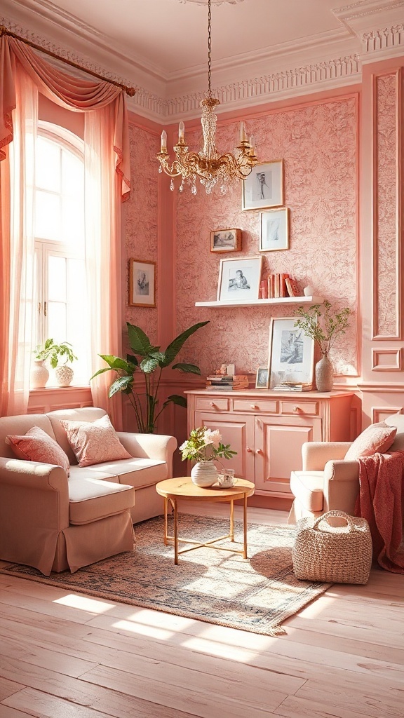 A beautifully designed pink living room with elegant decor, featuring blush walls, plush seating, and greenery.
