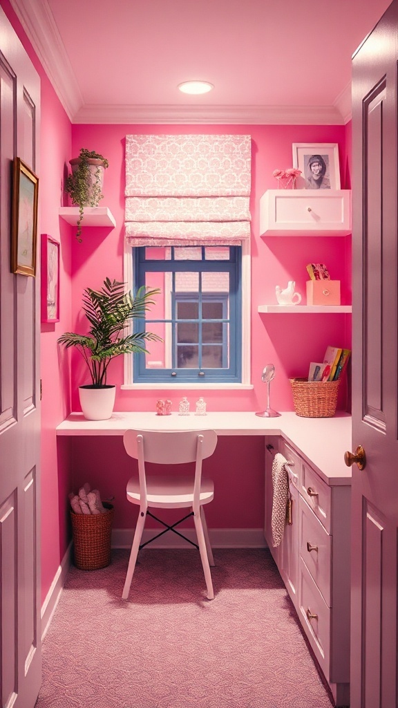A small pink room with a desk and plant, showcasing pink and white decor.