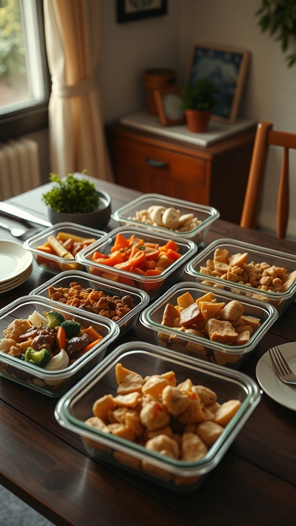 A table with various food storage containers filled with leftovers, showcasing an organized meal prep setup.