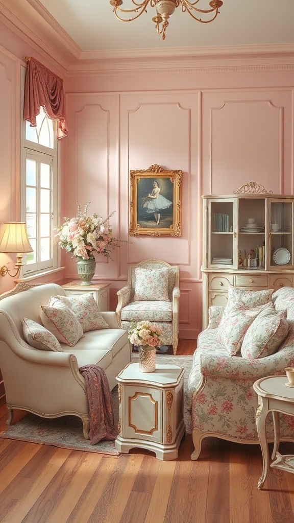 A vintage pink room with soft pastel walls, floral patterned furniture, and elegant decor.