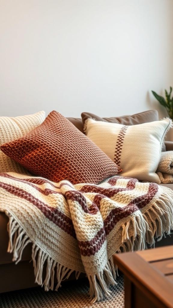 Cozy living room with knitted pillows and a warm throw blanket on a couch.