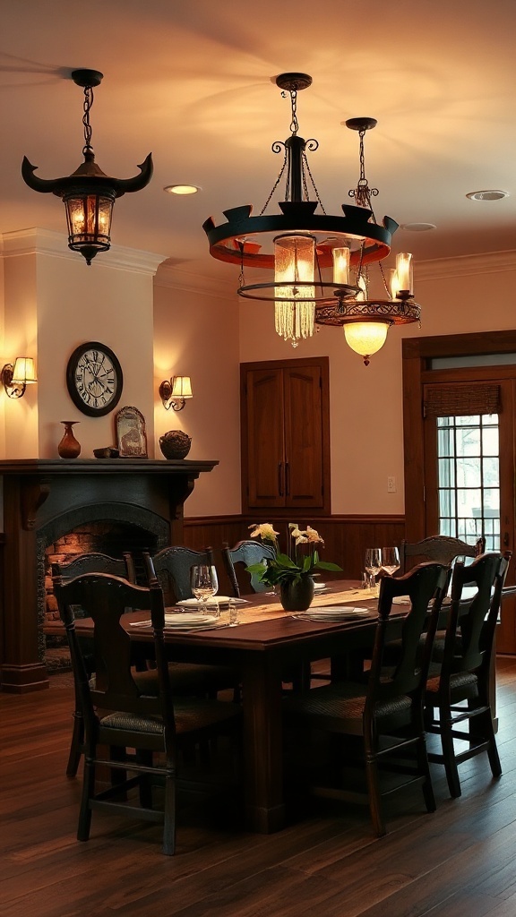 A cozy dining space featuring various western-inspired lighting fixtures, including pendant lights and wall sconces, enhancing the rustic decor.