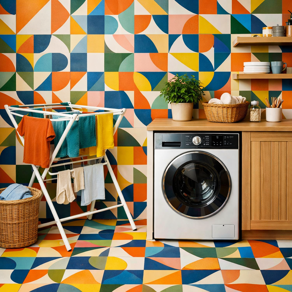 A colorful laundry room with geometric patterned tiles, a drying rack, and modern appliances.