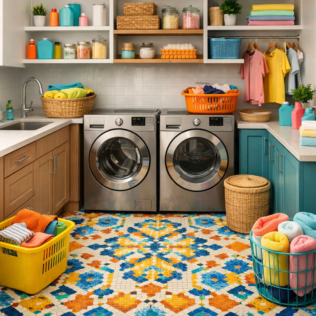 Colorful mosaic tile floor in a modern laundry room