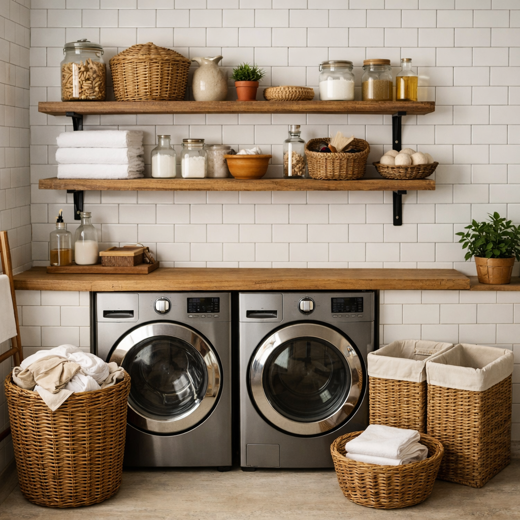 Laundry room with classic white subway tiles and wooden shelves