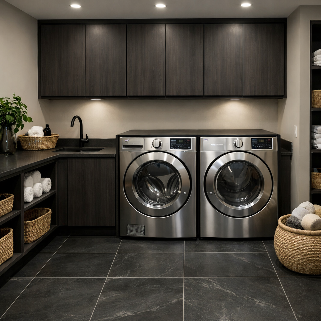 Modern laundry room featuring dark slate tiles, stainless steel washing machines, and contemporary cabinetry