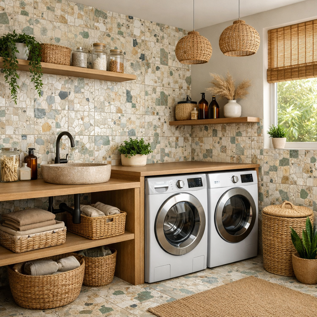 An eco-friendly laundry room with recycled mosaic tiles, wooden shelves, and modern appliances.