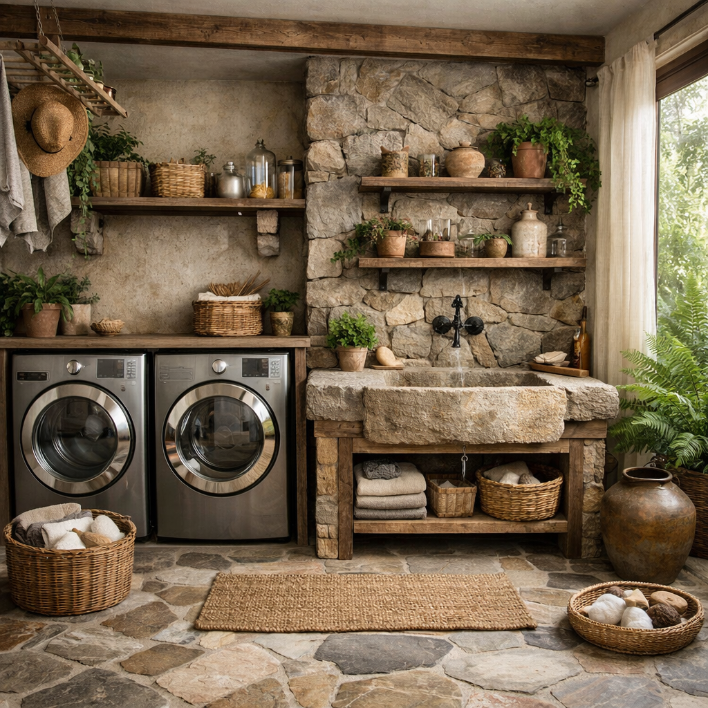 A rustic laundry room featuring outdoor-inspired stone tiles, wooden shelves, and plants.