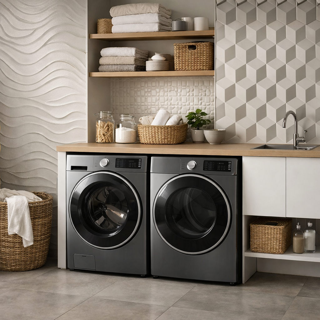 A stylish laundry room featuring textured 3D tiles, displaying a mix of wavy and geometric patterns.
