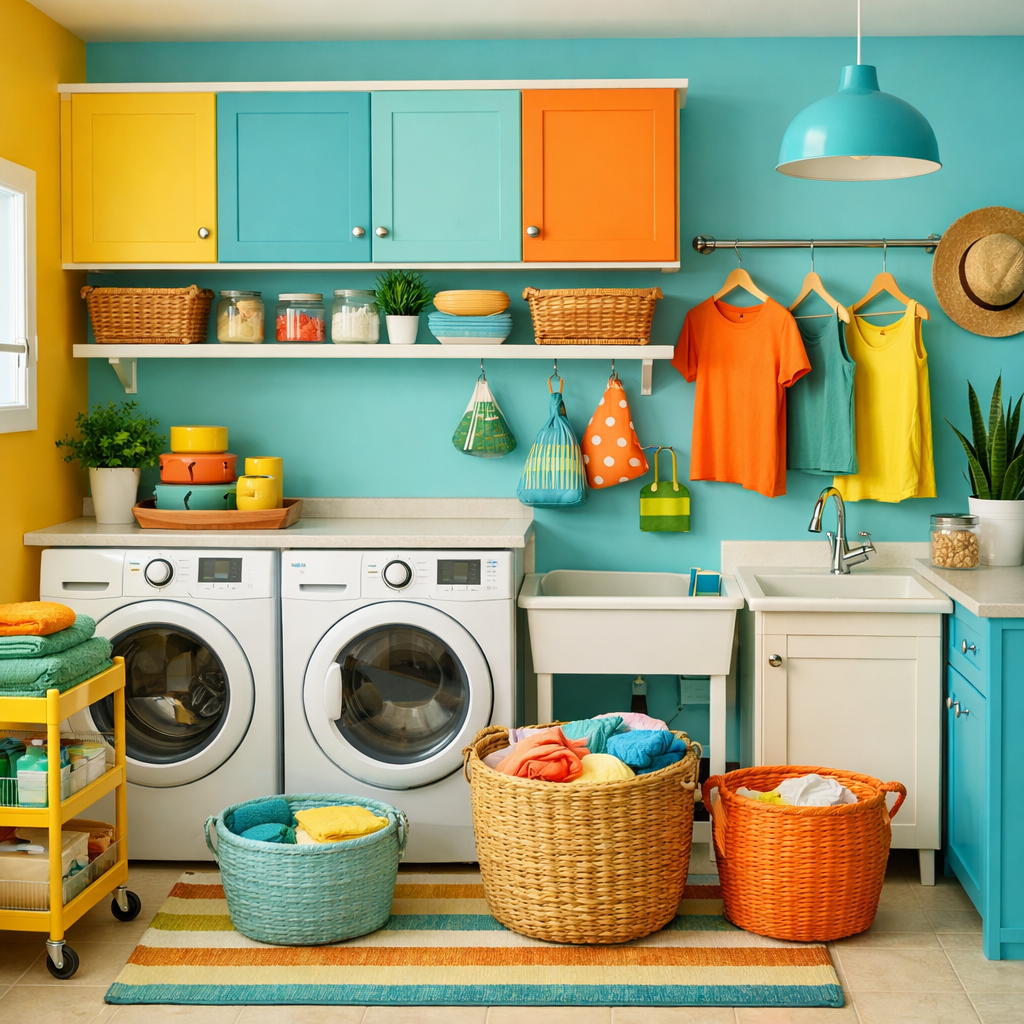 A colorful and organized laundry room featuring turquoise and yellow cabinetry, with bright baskets and hanging clothes.