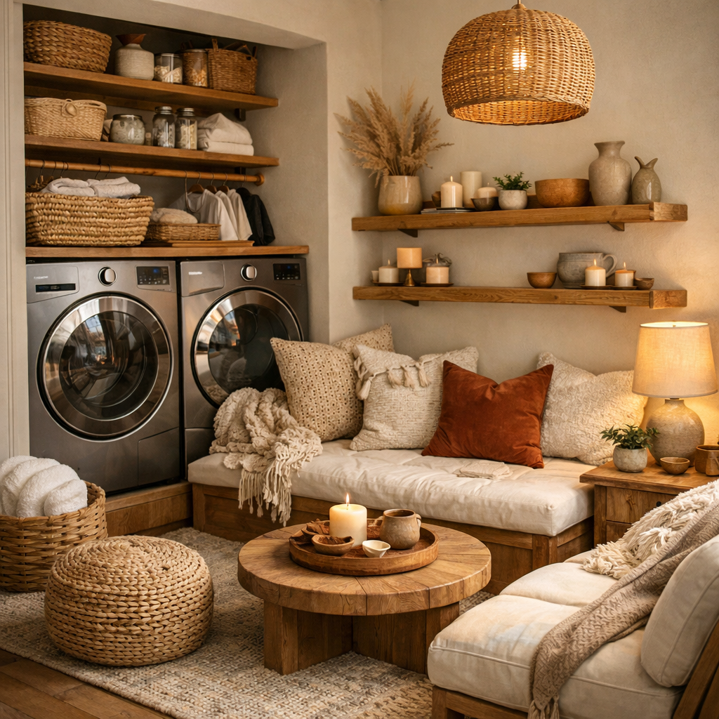Cozy laundry nook with modern appliances, wooden shelves, and comfortable seating