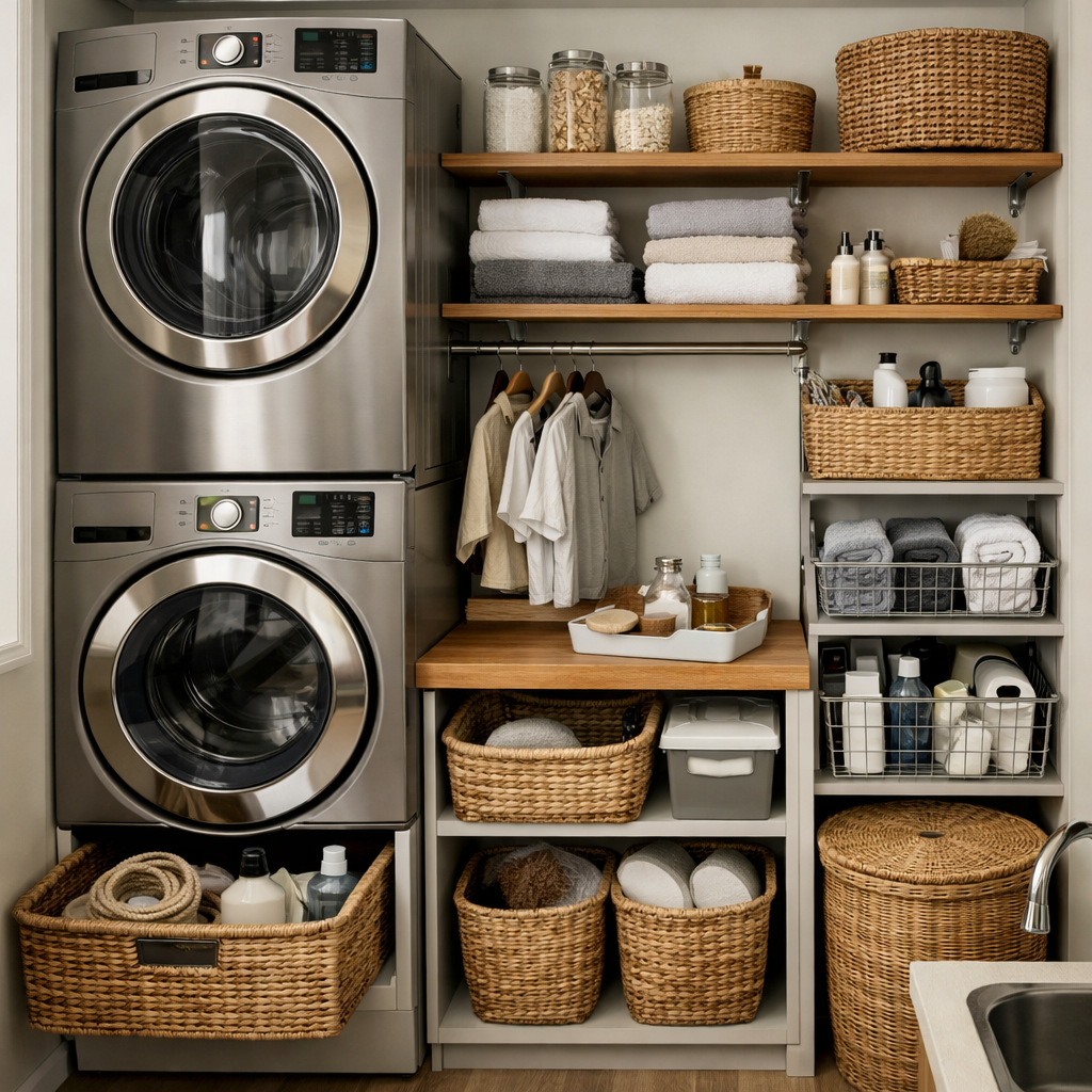 A well-organized small laundry room featuring a stacked washer and dryer, wooden shelves with towels and jars, woven baskets for storage, and a tidy workspace.