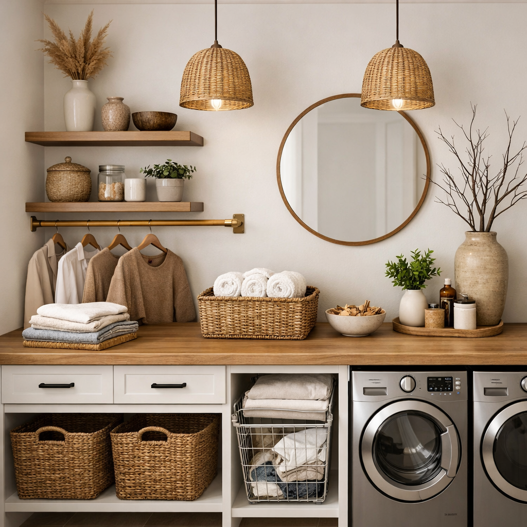 A stylish laundry room featuring a functional folding station, woven baskets, and decorative elements.