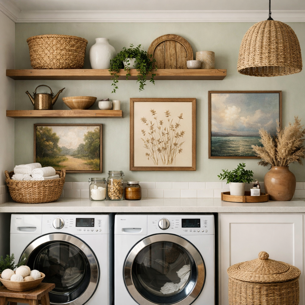 A stylish laundry room with artwork, decorative shelves, and modern appliances.
