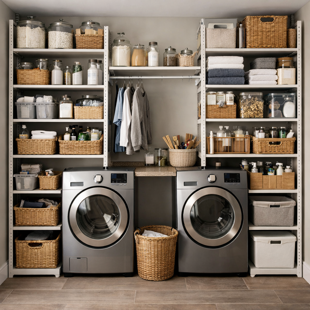 Organized laundry room with vertical shelving, showing baskets and jars neatly arranged.
