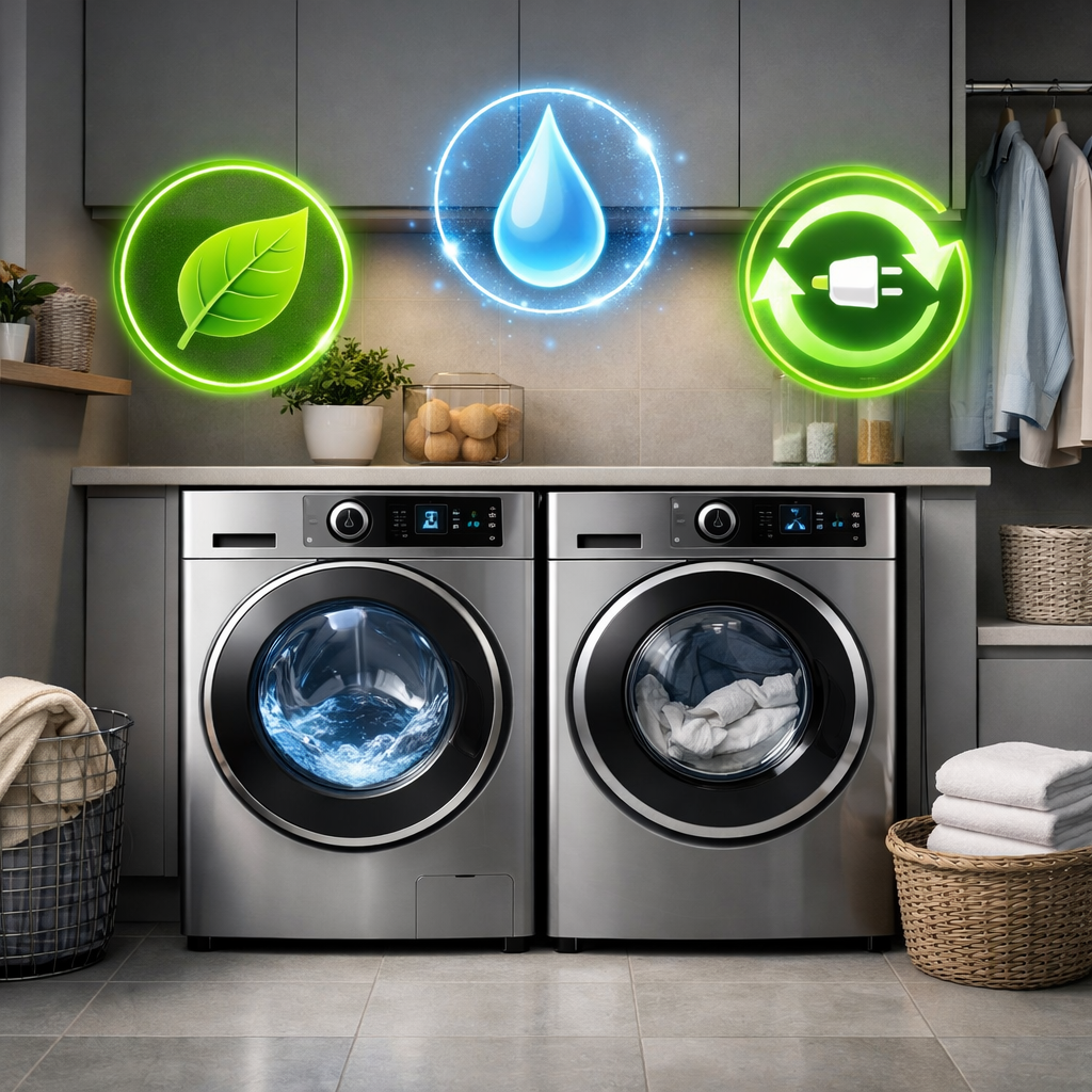 Modern laundry room with smart appliances showcasing efficiency and sustainability features.