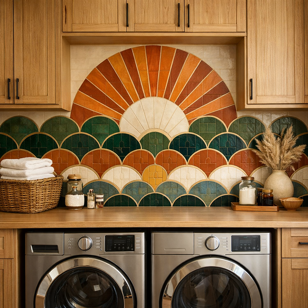 Stylish laundry room backsplash with a colorful arch design featuring warm orange and green tones