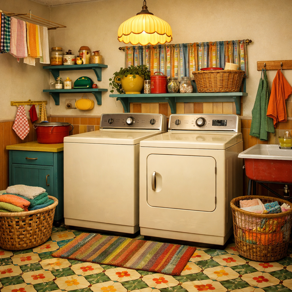 A colorful laundry room featuring classic floral linoleum flooring, washing machines, and vibrant accessories.