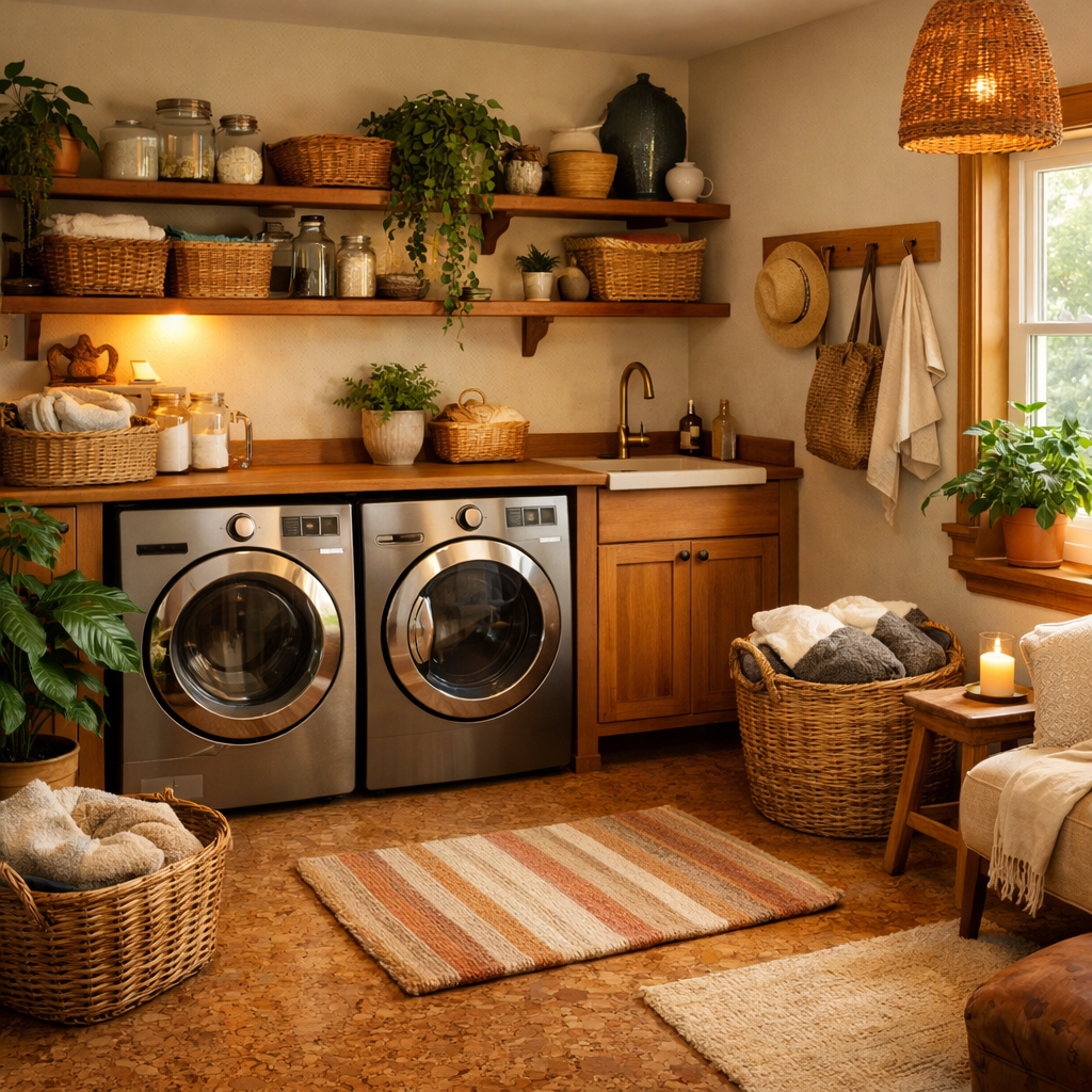 A cozy laundry room featuring cork flooring, modern washing machines, natural decor, and warm lighting.