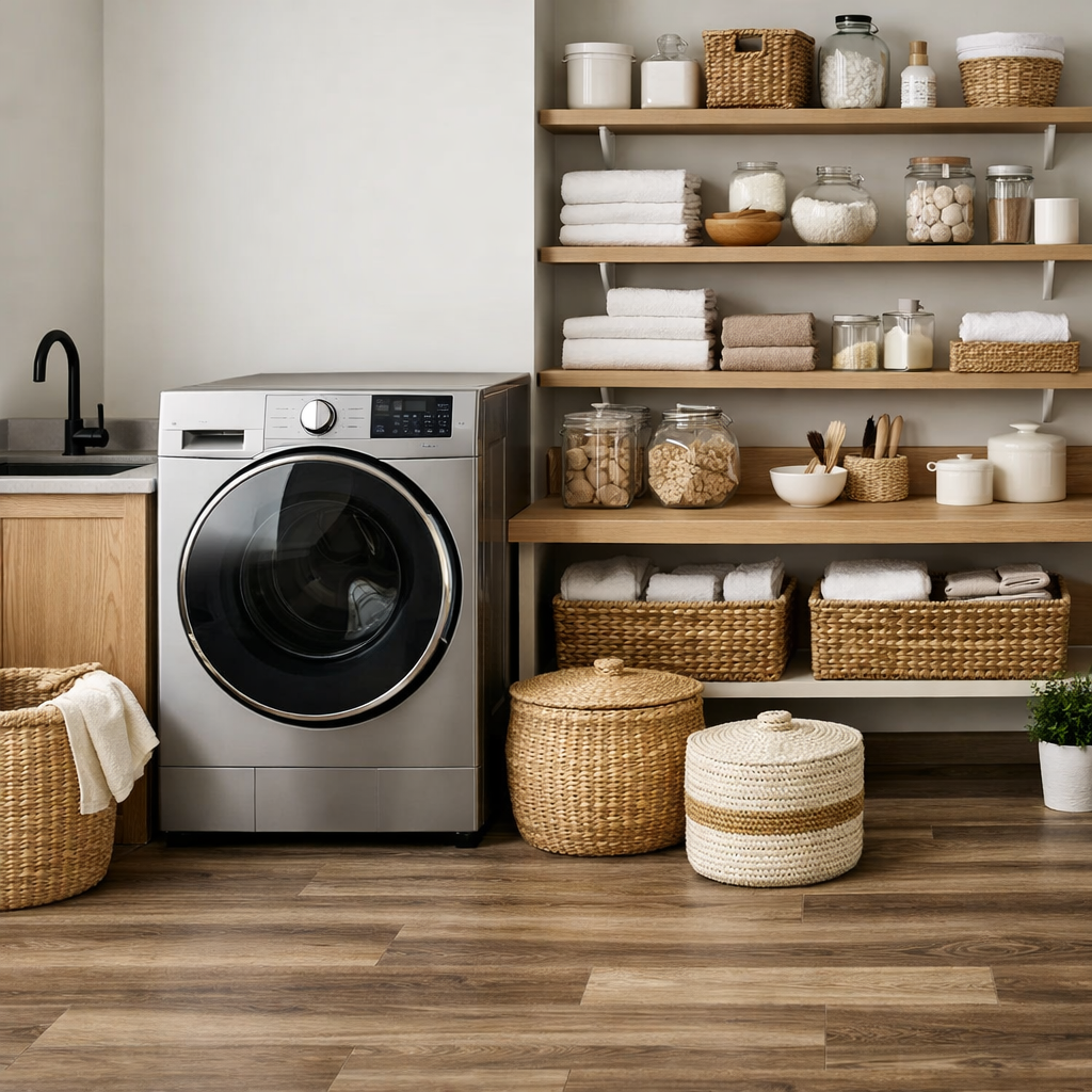 A modern laundry room featuring durable vinyl plank flooring, with a washer, neatly organized shelving, and woven storage baskets.