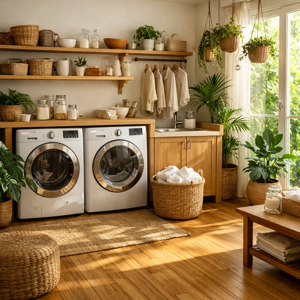 A stylish laundry room featuring bamboo flooring, modern appliances, and a cozy atmosphere with plants and natural decor