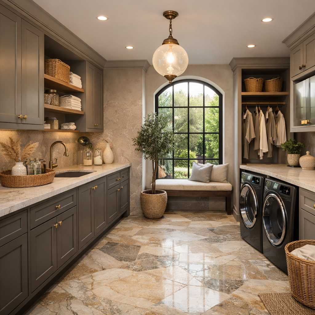 Elegant laundry room with natural stone flooring, gray cabinets, and large window.