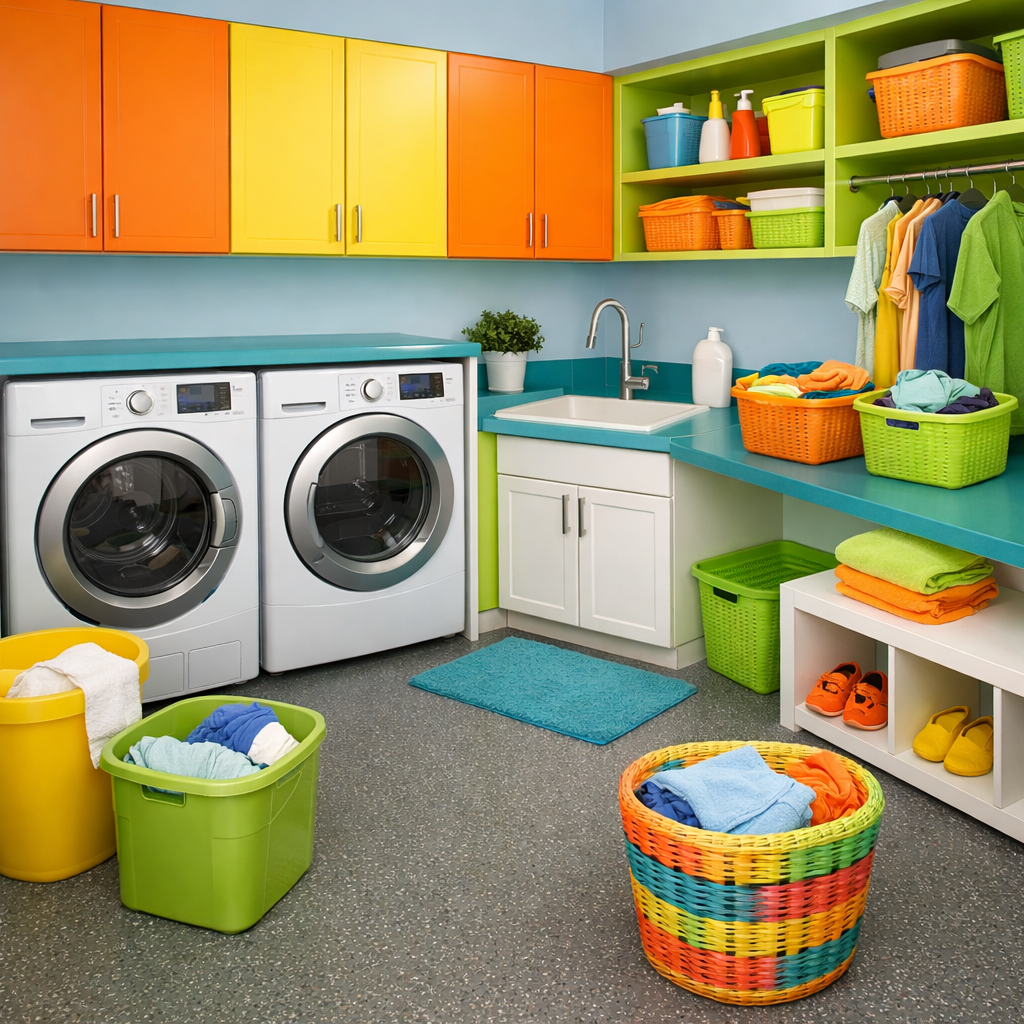 Brightly colored laundry room with rubber flooring, showcasing washing machines, colorful baskets, and clean design.