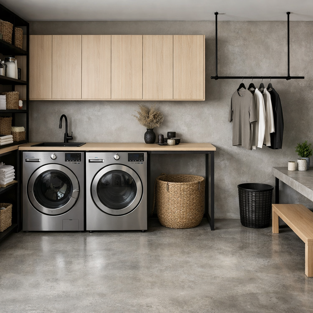 A modern laundry room featuring sleek concrete flooring, stainless steel appliances, and wooden accents.