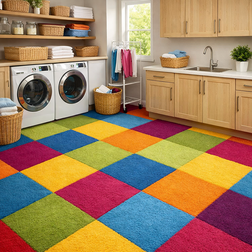 Vibrant carpet tiles in a laundry room featuring washing machines, wooden cabinets, and baskets