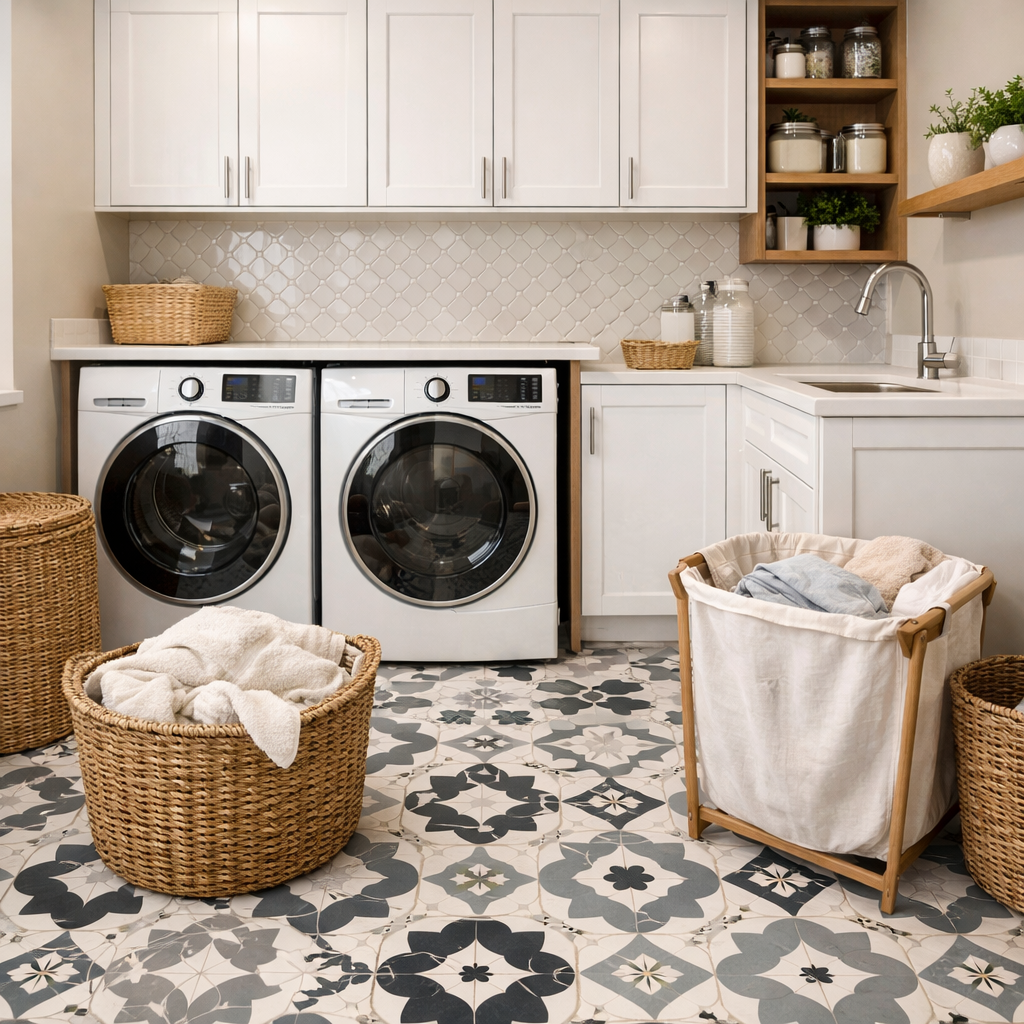 A modern laundry room with water-resistant ceramic tiles, featuring washing machines, baskets, and a bright, organized space.